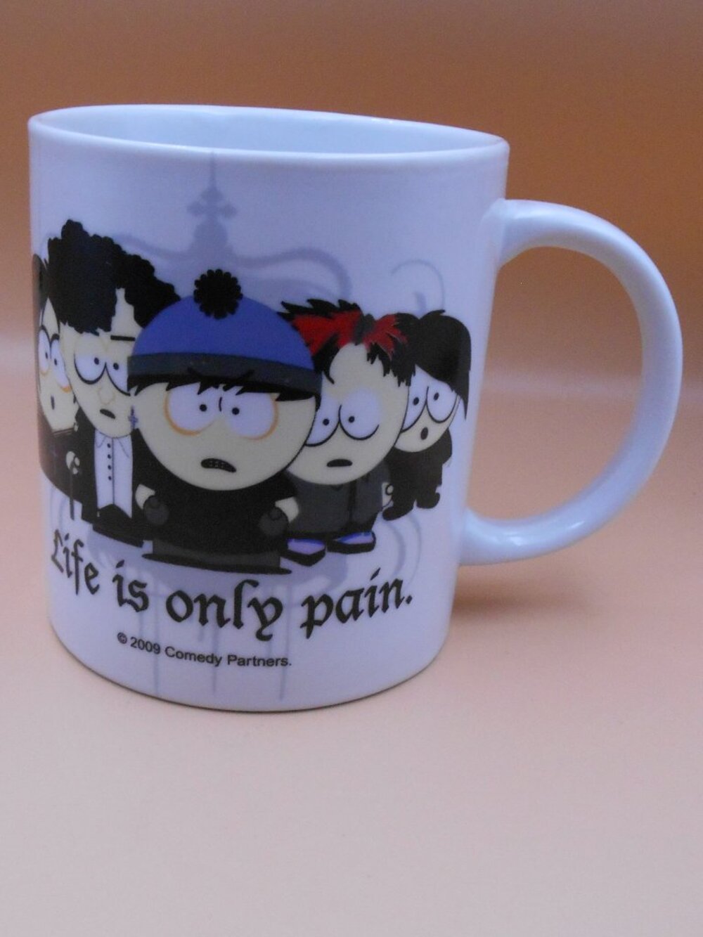 VINTAGE SOUTH PARK "LIFE IS ONLY PAIN" COFFEE MUG CUP GOTH KIDS & STAN 2009